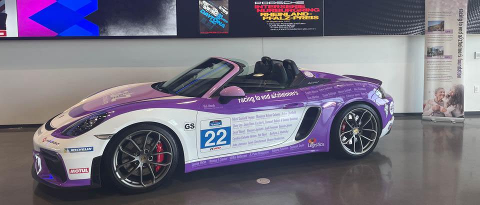 The Racing to End Alzheimer's tribute car at the Porsche Experience Center in Los Angeles