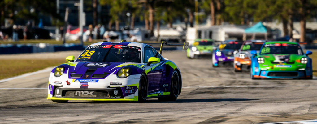 The #43 Racing to End Alzheimer's Porsche 992 GT3 Club race car on its way to a win.